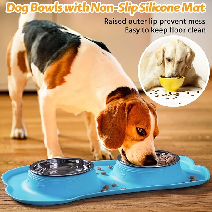 Hubulk Pet Dog Bowls 2 Stainless Steel Dog Bowl with No Spill Non-Skid Silicone Mat + Pet Food Scoop Water and Food Feeder Bowls for Feeding Small Medium Large Dogs Cats Puppies (X- Large, Turquoise)