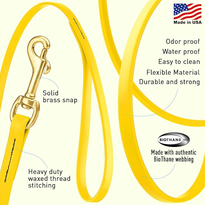 Viper Biothane K9 Working Dog Leash Waterproof Lead for Tracking Training Schutzhund Odor-Proof Long Line with Solid Brass Snap for Puppy Medium and Large Dogs, 10ft Lemon Yellow