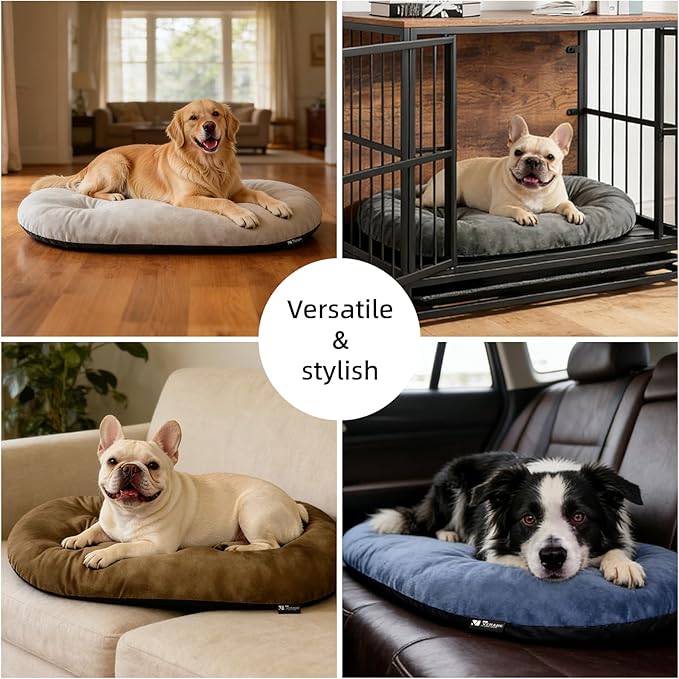 Dog Bed for Small Dogs & Cats 23”x17”, Non-Slip Washable Faux Silver Fox Fur Crate Pad, Durable Oval Pet Mat, Beige