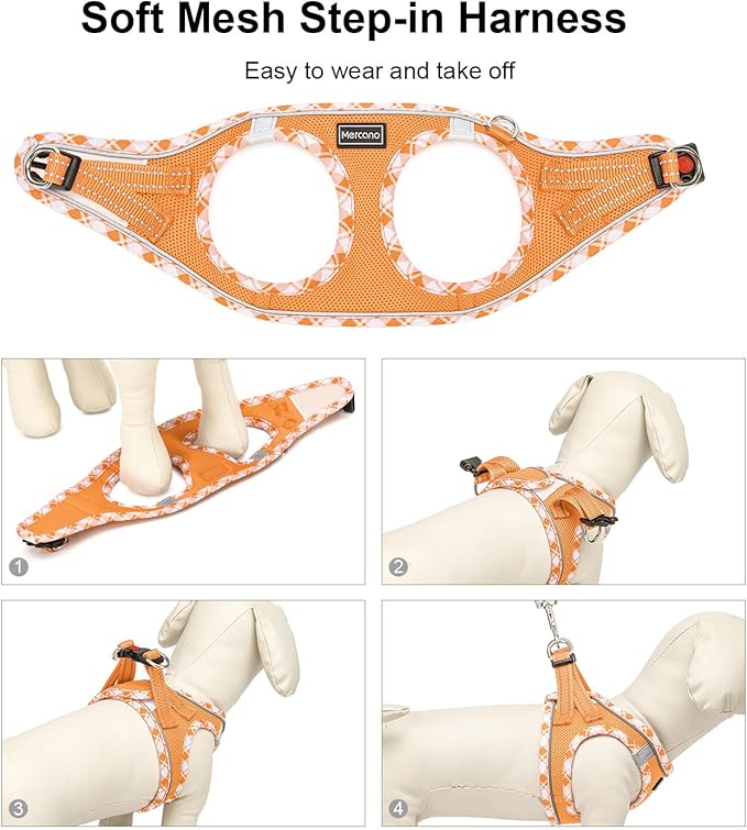 Mercano Soft Mesh Dog Harness and Leash Set, No-Chock Step-in Reflective Breathable Lightweight Easy Walk Vest Harnesses with Safety Buckle for Small Dogs, Cats (Orange, S)