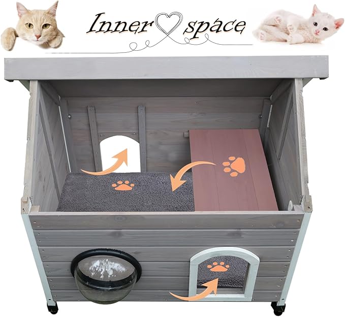 Rockever Outdoor Cat House, Waterproof Feral Cat House for Outdoor Cats with Escape Door and Clear Windows for 2 Cats(with Self Warming Mat)