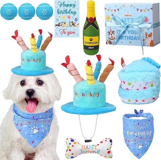 10 Pcs Dog Birthday Toy Set Dog Birthday Cake Bone Wine Bottle Hat Bib Ball Card Ribbon Plush Pet Gifts for Small Medium Puppy Squeaky Dogs Pet Toy Party Supplies(Blue)