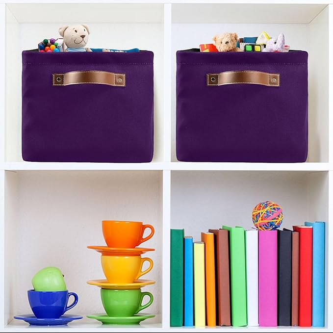 Wamika Happy Mardi Gras Purple Storage Basket with Waterproof Liner and PU Handles Fleur de Lis Storage Bins Boxes 14.2" Collapsible Decorative Organizer Baskets for Bedroom Closet Office 1 Pack