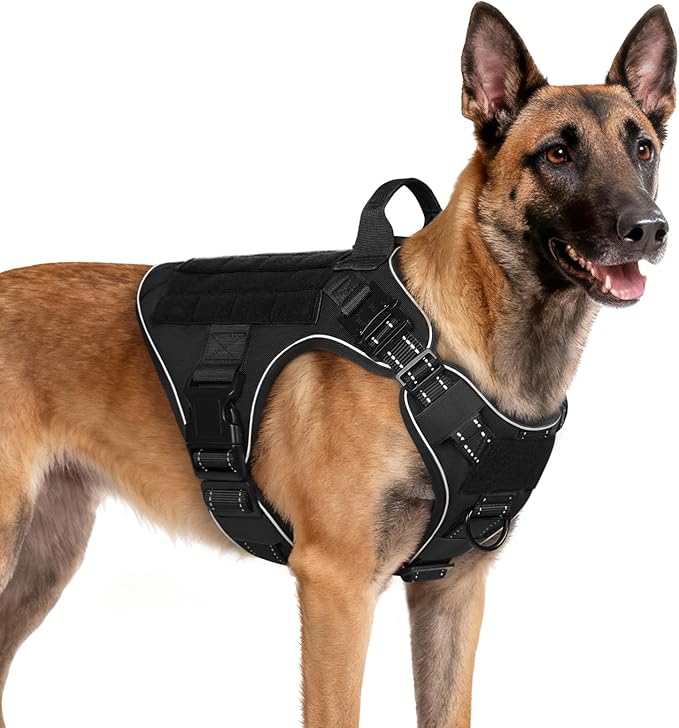 rabbitgoo Tactical Dog Harness Medium Large Sized, No Pull Upgraded Reflective Heavy Duty Molle Vest with Handle, Adjustable Military Service Dog Vest for Walking Hiking Training, Black, M