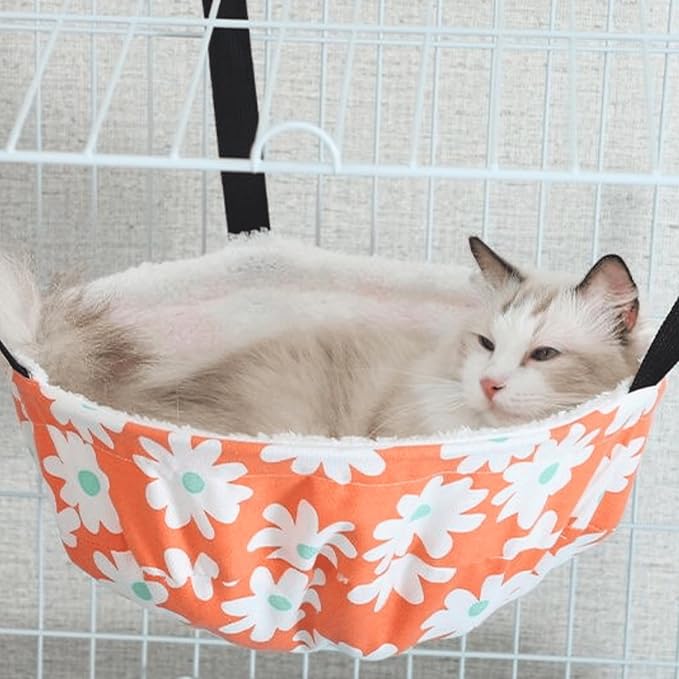Warm Cat Hammock Lounge Hanging Bed for Cage Kennel Chair with Metal Frame, Adjustable Straps, Reversible Cat Bed, Machine Washable, Suitable for All Seasons (Orange,Large)