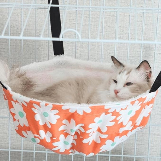 Warm Cat Hammock Lounge Hanging Bed for Cage Kennel Chair with Metal Frame, Adjustable Straps, Reversible Cat Bed, Machine Washable, Suitable for All Seasons (Orange,Large)