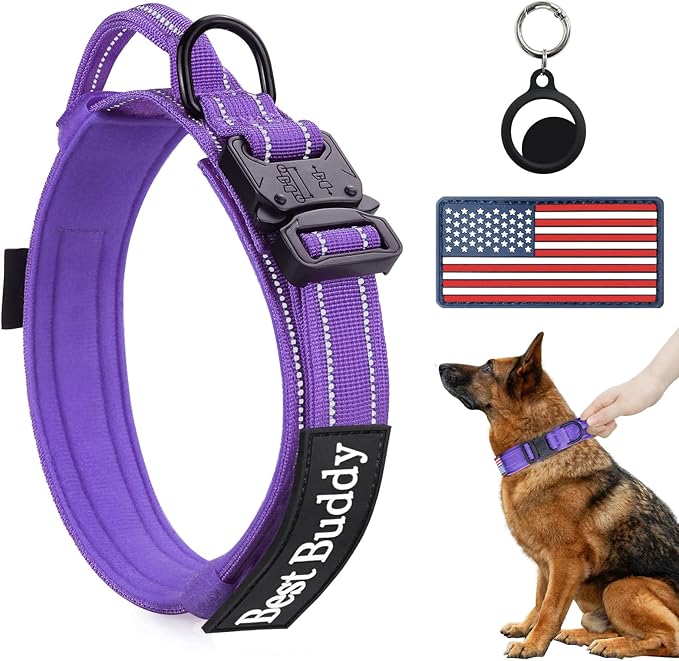 AUBELL Reflective Tactical Dog Collar,Adjustable Military Heavy Duty K9 Collars with Handle and Quick Release Metal Buckle Great for Medium Dogs, with Airtag Case and 2 Patches (Purple,M)