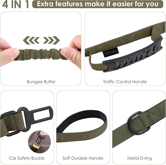 Hotsky Tactical Dog Leash Heavy Duty for Medium Large Dogs That Pull,4-6Ft Strong Bungee Shock Absorbing No Pull Dog Leash with Padded Double Handle and Car Seatbelt,Army Green