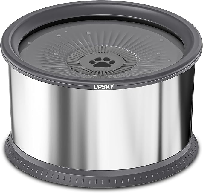 UPSKY Super Large Capacity No Spill Dog Bowl, 6.5L Stainless Steel Spill Proof Slow Water Feeder, Anti-Slip Mat for Messy Drinkers - Grey