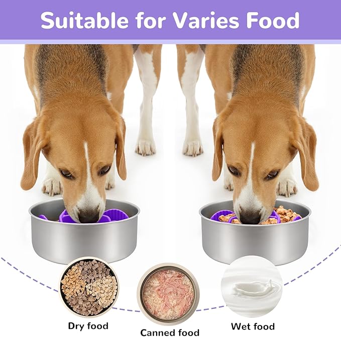 MateeyLife Slow Feeder Dog Bowls Insert with Suction Cups, Cuttable Design for Large & Medium Breeds, Fit for Regular Elevated, Compatible with Metal and Ceramic Dog Bowls for Slow Eating (Purple)