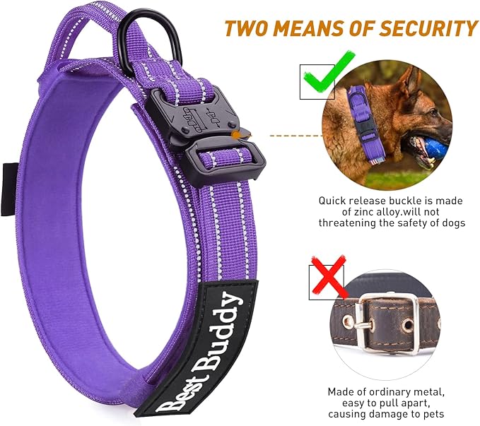 AUBELL Reflective Tactical Dog Collar,Adjustable Military Heavy Duty K9 Collars with Handle and Quick Release Metal Buckle Great for Large Dogs, with Airtag Case and 2 Patches (Purple,L)