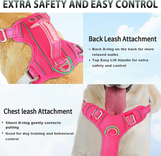 BARKBAY No Pull Dog Harness 3 Buckles Large Reflective Dog Harness with Front Clip and Easy Control Handle for Walking Training Running with ID tag Pocket(Pink,S)