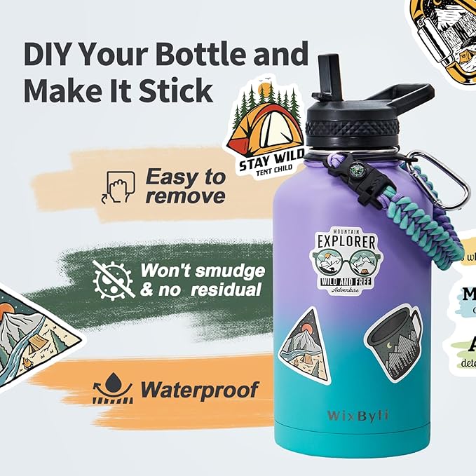 64 oz Insulated Water Bottle with Straw (Cold for 48 Hrs), Half Gallon Stainless Steel Triple Wall Vacuum Sports Water Jug, Leakproof Hydro Cup Flask with Straw Spout Lids & DIY Stickers