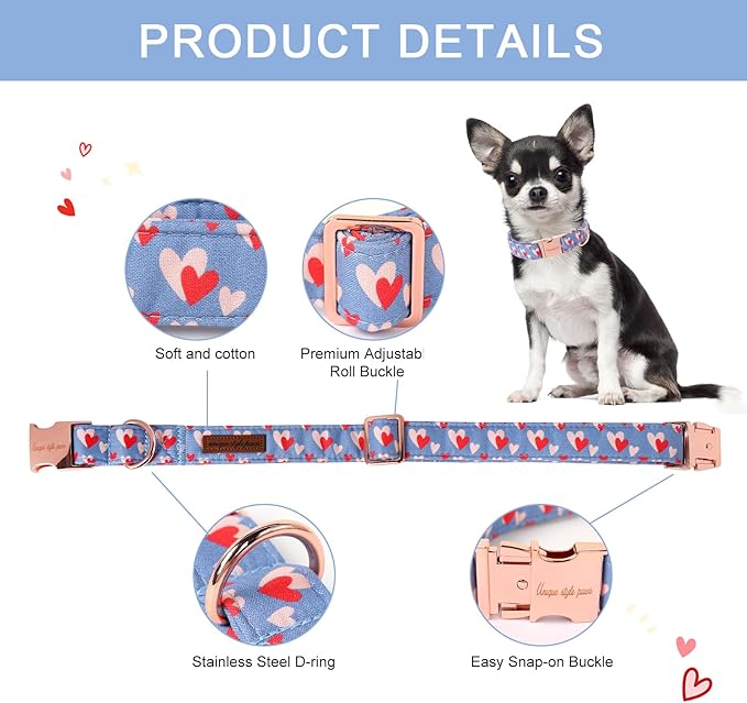 Unique style paws Valentine's Day Dog Collar Metal Buckle Collar Blue Pink Love Heart Gift for Small Medium Large Boys Girls Dogs Wedding