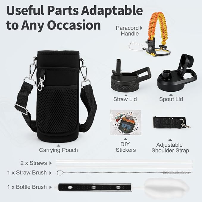 32 oz Insulated Water Bottle with Straw (Cold for 48 Hrs), Stainless Steel Triple Wall Vacuum Sports Water Jug, Leakproof Hydro Cup Flask with Paracord Handle & Straw Spout Lids & DIY Stickers
