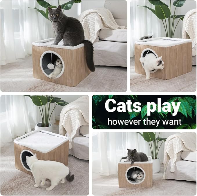 LUCKITTY Cat Condo House with Reversible Cushions and Fluffy Ball Hanging, Foldable Cat Cube, Large Cave Bed for Indoor Kittens, Brown Wood Grain Pattern
