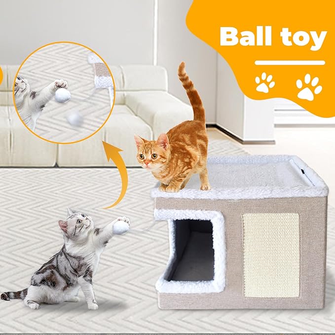 Cat Bed for Indoor Cats Cube House,Large Covered Cat Beds Cave & Furniture with Fluffy Ball and Scratch Pad Foldable Hideaway Nest & Condo with Washable Mat for Kitten Kitty Small Pet(Beige)