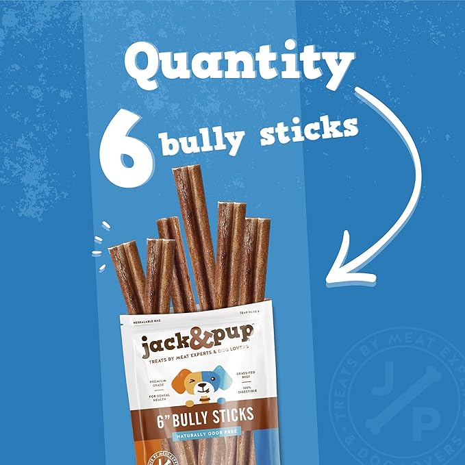Jack&Pup 6-inch Premium Grade Odor Free Bully Sticks Dog Treats [Thick-Size] – 6” Long All Natural Gourmet Dog Treat Chews – Fresh and Savory Beef Flavor - (6 Pack)
