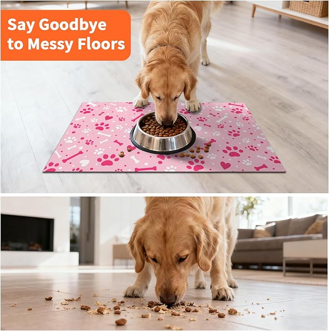 Pink Paw & Bone Dog Food Mat, Dog Cat Feeding Mat, Non-Slip Super Absorbent Pet Food Pad, Pet Bowl Mat for Food & Water Bowls, Dog Enthusiast Home Decoration, 12 x 20 Inch