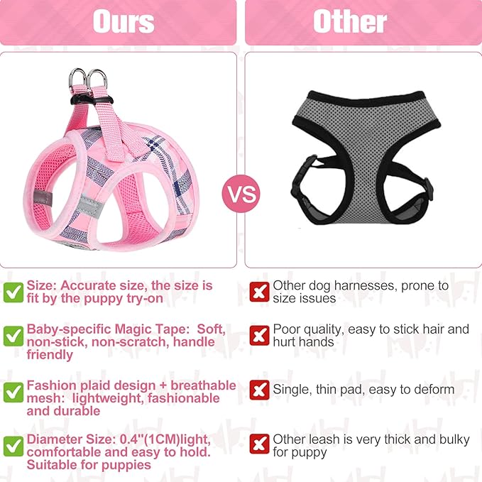 BEAUTYZOO Small Dog Harness and Leash Set,Step in No Choke No Pull Soft Mesh Dog Harnesses Reflective for Extra-Small/Small Medium Puppy Dogs and Cats, Plaid Dog Vest Harness for XS S Pets, Pink M