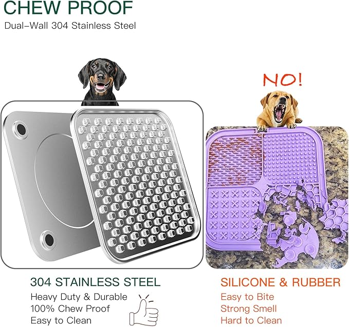 Dual Wall Stainless Steel Large Lick Mat for Dogs & Cats, Chew-Proof Slow Feeder, Anxiety Reducer, Whisker-Friendly for Cats, Non-Slip Heavy Duty Base, Raw Feeding Pad, Dishwasher Safe [Large-2Pack]