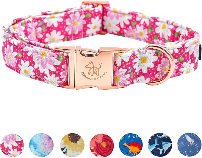 Elegant little tail Dog Collar, Pink Floral Pattern Pet Collar Durable Cute Dog Collars Summer Female Pet Gift Adjustable Dog Collar for Medium Dogs