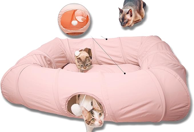 XxingSheep 4 Ways Shuttled XL Cat Tunnel Bed for Indoor Cats Peekaboo Cat Cave Donut with Cool Mat (Pink)