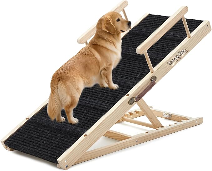 Dog Ramp for Bed - Foldable Small to Large Dog Ramp for Couch - 6 Adjustable Height from 12" to 24" - High Traction Mat & Safety Side Rails - Wooden Ramp for Dogs to Get on Bed Couch Car Up to 200LBS