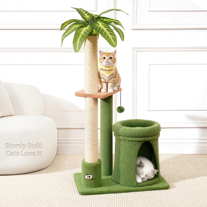 Cat Tree Tower Scratching Post Stand for Indoor, 41" Compact Palm Tree Kitten House Condo with Cozy Bed for Small Cats, Space Saving Design, Supports Climber Scratch Playing and Rest