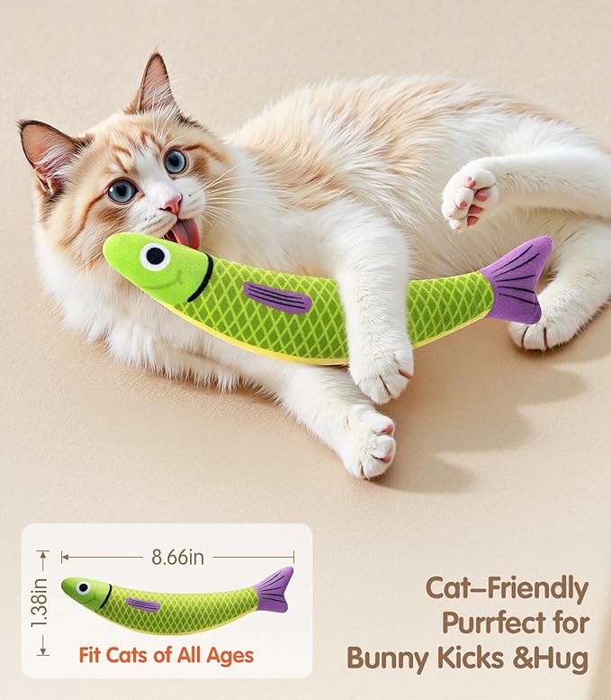 Cat Toys with[5000mg A+Natural Catnip &Silvervine] [Baby Grade] Interactive Soft Chew Kicker Cat Toys for Indoor Cats & Kittens, [Crinkle &Bell] Fish Sound Toy, Drives Bored Cat Crazy with Fun