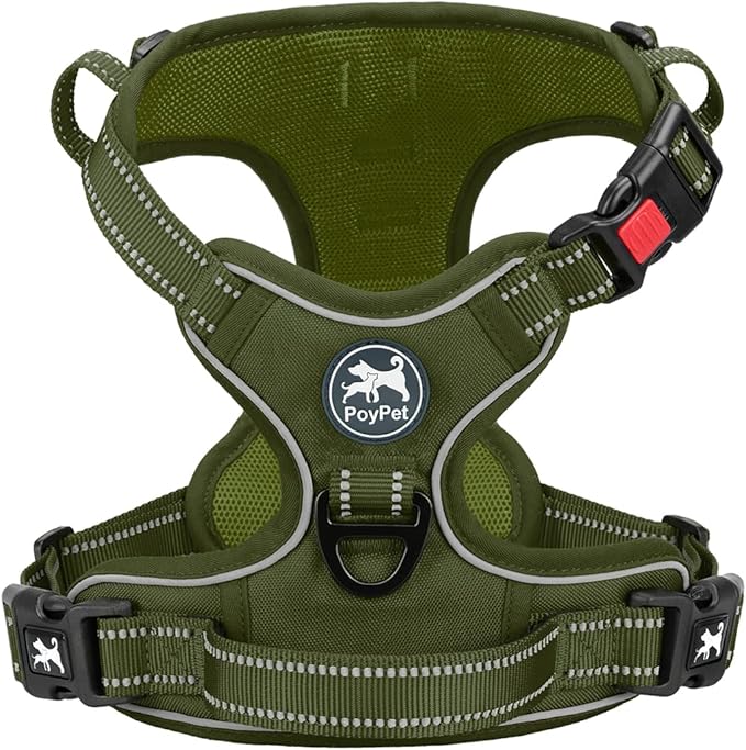 PoyPet No Pull Dog Harness, No Choke Reflective Dog Vest, Adjustable Pet Harnesses with 2 Leash Attachments with Easy Control Padded Handle for Small Medium Large Dogs(Military Green,XL)
