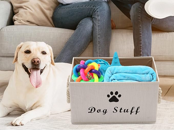 Geyecete Large Fabric Storage Bins Organizer with Weave Rope Handle, Collapsible Cube Basket Container Box for Dog Apparel & Accessories,Dog Coats,Dog Toys Gift Baskets-Beige