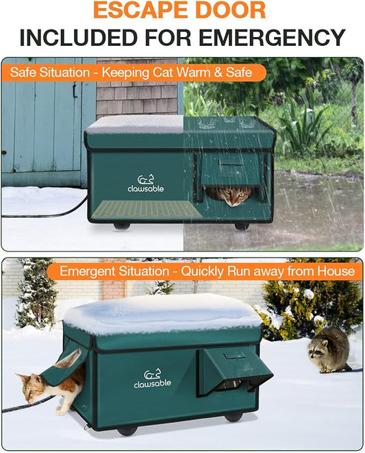 Indestructible Heated Cat House for Outside Cats Winter, 100% Weatherproof, Safe Escape Door, Insulated Outdoor Cat Shelter with Heater for Feral Barn Cat Kitty (Forest Green, 12.6"x16.5"x12.6")
