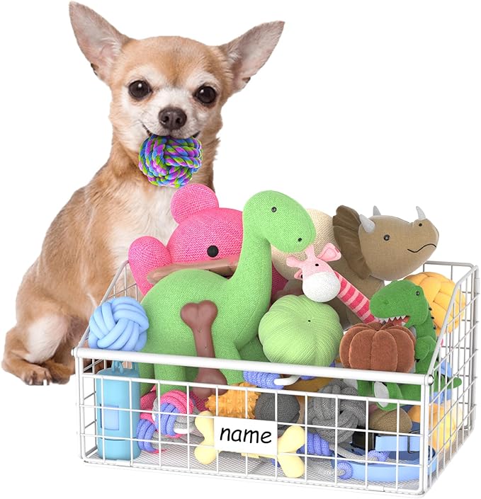 Indestructible Dog Toy basket, Small Toy Box for Dogs, Pet Toy Bin Dog Metal Basket for Toys, Dog Toy Storage, Dog Storage Organizer, Cat Dog Toy Box for Living Room Area (White)