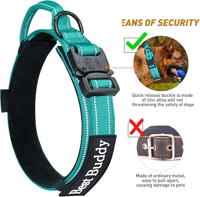 AUBELL Reflective Tactical Dog Collar,Adjustable Military Heavy Duty K9 Collars with Handle and Quick Release Metal Buckle Great for Extra Large Dogs, with Airtag Case and 2 Patches (Teal,XL)