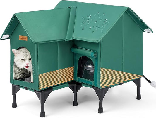 Outdoor Cat House Weatherproof, Heated Cat House for Outside, Insulated Outdoor Cat Shelter with Thickened Model (Green, L)