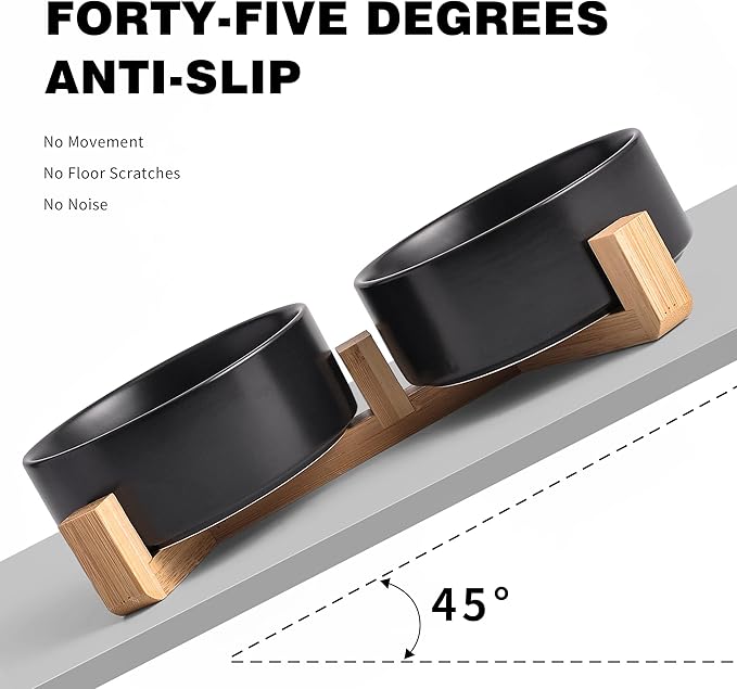 Black Ceramic Dog & Cat Bowl Set – 13.5 OZ with Wooden Stand, Non-Slip, Elevated Design for Small Dogs & Cats – 2 Bowls (Food & Water, Ceramic Pet Bowls, Modern Dog Bowls)