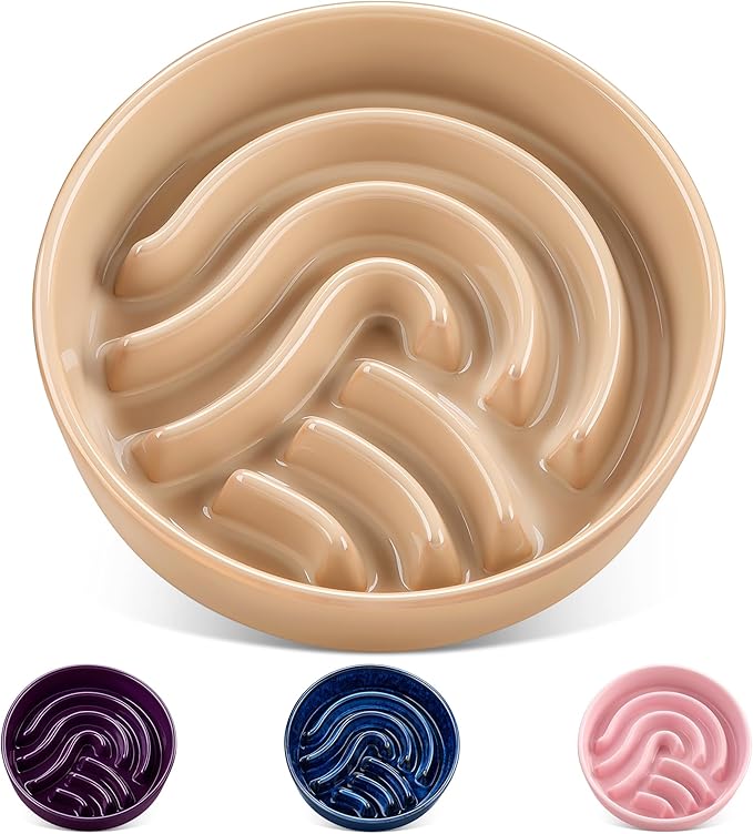 vancasso Slow Feeder Dog Bowl, 3 Cup Ceramic Slow Feeding Food Dish for Large Breed, Puzzle Dog Food Bowl for Fast Eater, Brown