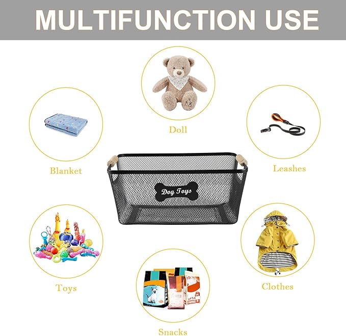 Sturdy Dog Toys Basket,14''x9''x6'' Metal Dog Toy Bin,Mesh Wire Basket with Wooden Handles for Dog Toys,Dog Toy Organization & Storage,Ideal for Dog Leash,Blanket,Toys,Snacks-Black