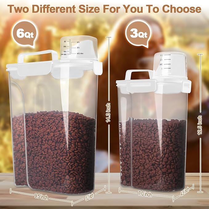 Dog Food Storage Container, 5-7 Lbs Airtight Pet Food Container, Cat food Container Dispenser with Portable Handle, Pouring Spout and Measuring Cup for Dogs Cats 2Pack White/6Qt