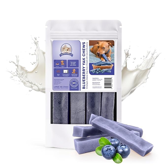 KATHMANDU'S 100% Natural Blueberry Flavored Yak Chews – Keep Dogs Busy & Happy with Our Lactose&Rawhide Free Himalayan Dog Chews - Long Lasting Dental Treats for Aggressive Chewers (Large, Pack of 4)
