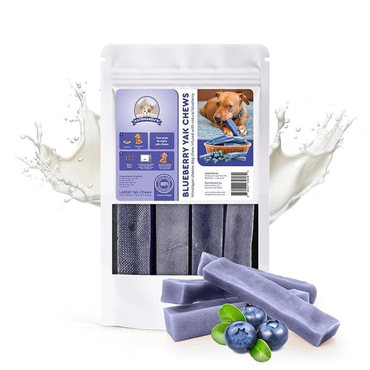 KATHMANDU'S 100% Natural Blueberry Flavored Yak Chews – Keep Dogs Busy & Happy with Our Lactose&Rawhide Free Himalayan Dog Chews - Long Lasting Dental Treats for Aggressive Chewers (Large, Pack of 4)