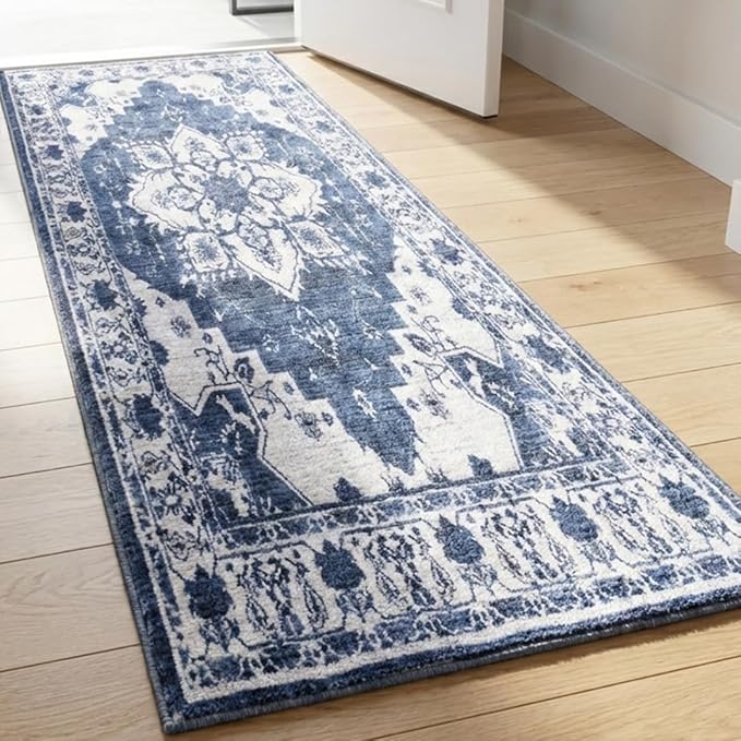 Muddy Mat짰 Navybell 2ft x 10ft Washable Area Rugs for Living Room, Bedroom & Dining Room ??Modern Soft Low Pile Non Slip Carpet ??Pet Friendly Waterproof Foldable Rugs for Home