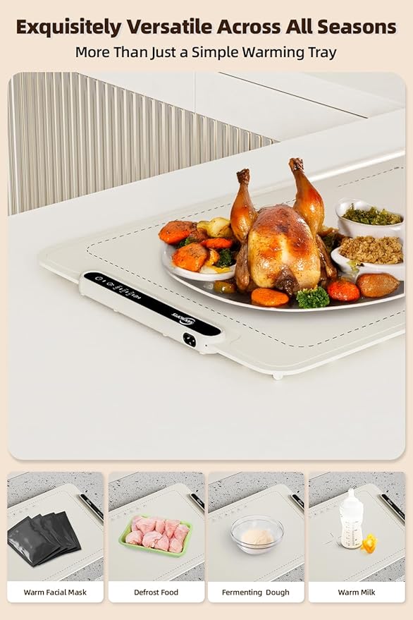 Food Warming Mat - Electric Warming Tray,Tempmaster Adjustable Warming Tray,Elevated Feet Protects Table, Roll-Up Buffet Hot Plates Heat Pad, Portable Food Warmer for Parties and Travel (Beige)