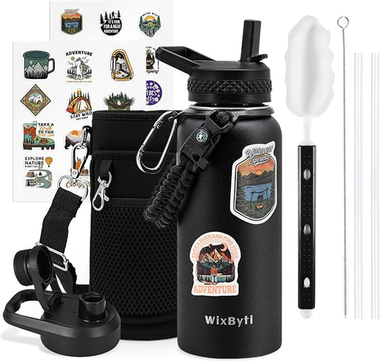 32 oz Insulated Water Bottle with Straw (Cold for 48 Hrs), Stainless Steel Triple Wall Vacuum Sports Water Jug, Leakproof Hydro Cup Flask with Paracord Handle & Straw Spout Lids & DIY Stickers