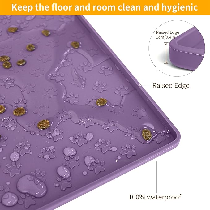 Ptlom Dog Food Mat Anti-Slip Bowl Mats for Food and Water, Waterproof Silicone Pet Placemat with High Raised Edges, Non-Slip Puppy Feeding Tray for Small, Medium Large Cats Dogs, Purple, 11.8"x11.8"