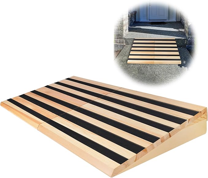 Wooden Threshold Ramp for Home Steps, 4" Rise Door Ramp for Wheelchair/Walker/Cart/Scooter, Doorway Ramp with Non-Slip Stripes(35.4" W*4.0" H, Solid Wood, 800LBs Capacity)