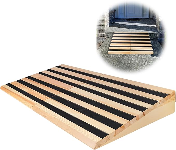 7" Rise Wooden Threshold Ramp for Home Steps, Door Ramp for Wheelchair/Walker/Cart/Scooter, Multipurpose Door Ramp with Non-Slip Stripes(35.4" W*7.0" H, Solid Wood, 800LBs Capacity)
