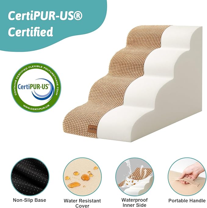 Dog Stairs for Small Dogs, Curved Dog Step for Puppy, Older or Cat, Medium Pet Ramp for Sofa, Couch or Bed, Ladder with High Density Foam, 15.7x28.3x19.7 inch, 4 Step, Light Brown