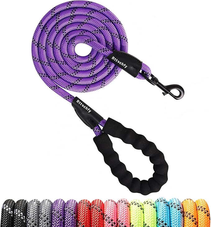 Rttochfy Rope Dog Leash 2/4/5/6/8/10 FT with Comfortable Padded Handle and Highly Reflective Threads for Small Medium and Large Dogs Heavy Duty (1/2"-5 FT, Purple)